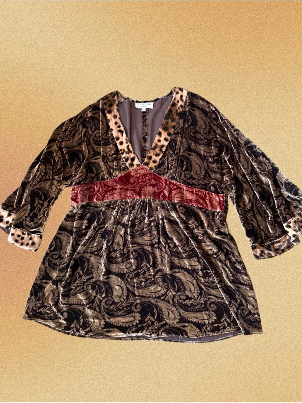 Velvet Paisley V-Neck Tunic with Leopard Trim